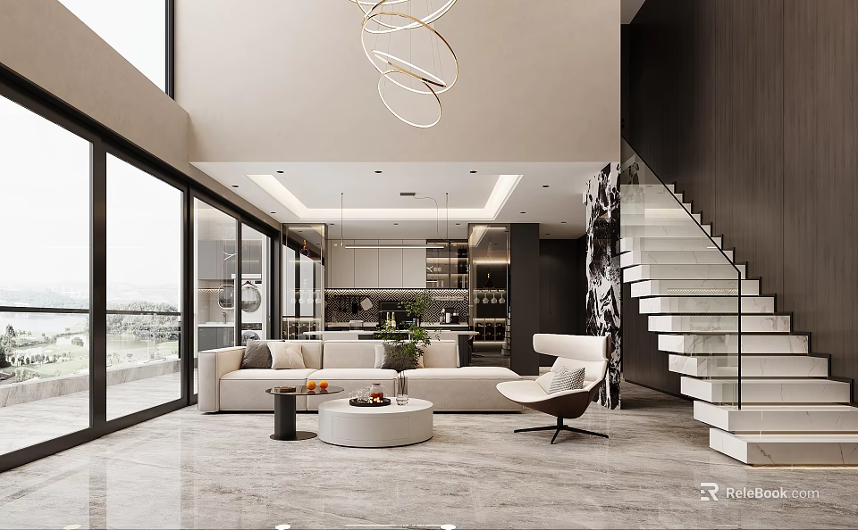 Modern Living Dining Room Interior With Sofa Round Coffee Table Circular Pendant Lights Marble Flooring And Glass Staircase 3d model 