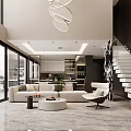 Modern Living Dining Room Interior With Sofa Round Coffee Table Circular Pendant Lights Marble Flooring And Glass Staircase