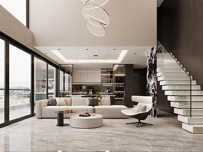 Modern Living Dining Room Interior With Sofa Round Coffee Table Circular Pendant Lights Marble Flooring And Glass Staircase 3d model