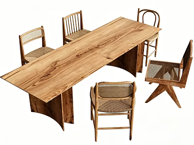 Rustic Wooden Dining Table With Natural Grain And Rattan Backrest Chairs 3d model