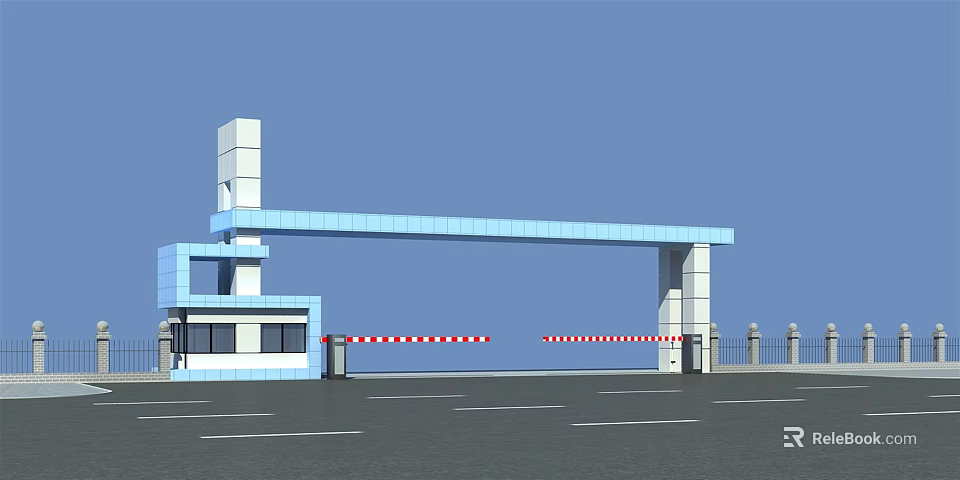 Modern Blue Entrance Gate With Guard Booth And Red White Barriers 3d model 