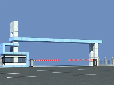 Modern Blue Entrance Gate With Guard Booth And Red White Barriers 3d model