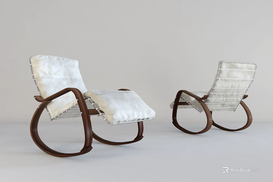 Two Modern Lounge Chairs With White Padded Seats And Wooden Curved Rocking Frames 3d model 