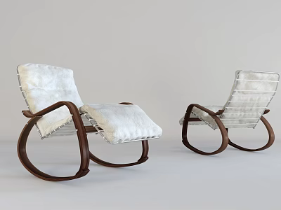 Two Modern Lounge Chairs With White Padded Seats And Wooden Curved Rocking Frames 3d model
