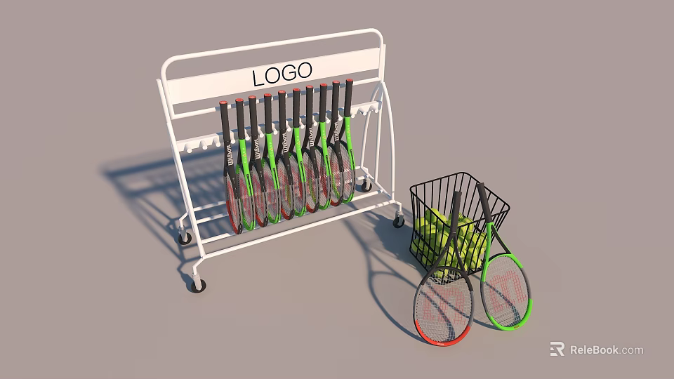 Tennis Court Equipment Storage Rack With Wheels Logo Hanging Tennis Rackets And Ball Basket 3d model 