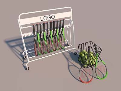Tennis Court Equipment Storage Rack With Wheels Logo Hanging Tennis Rackets And Ball Basket 3d model