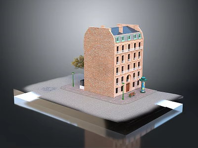 3D Model of Multi Storey Urban Brick Building with Street Lamp Tree and Bench 3d model