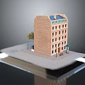 3D Model of Multi Storey Urban Brick Building with Street Lamp Tree and Bench