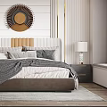 Modern Elegant Bedroom Interior With Circular Wall Decor Upholstered Headboard And Wooden Wardrobe