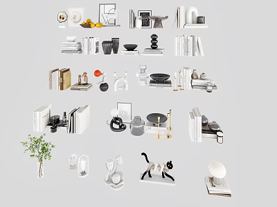 Modern Minimalist Decorative Accessories Collection With Books Vases Photo Frames Cat Figurine And Candle Holders 3d model