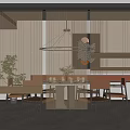 Modern Interior Dining Area With Venetian Blinds Dining Table Chairs Pendant Light And Plants