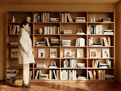 Wooden Bookcase Filled With Books And Decorative Ornaments In Bright Interior With Natural Light 3d model