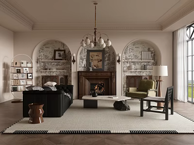 Elegant Living Room Interior Design With Fireplace Black Sofa Arched Bookshelves And Chandelier 3d model