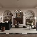 Elegant Living Room Interior Design With Fireplace Black Sofa Arched Bookshelves And Chandelier