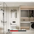 Modern Bathroom Interior With Glass Shower Enclosure Toilet Vanity Mirror And Washing Machine