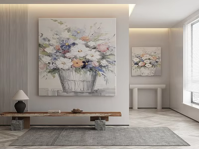 Colorful Floral Abstract Painting As Wall Art In Modern Living Room Interior Decor 3d model