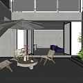 Modern Villa Balcony With Patio Umbrella Wooden Chairs Coffee Table And Green Plants