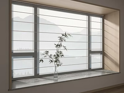 Modern Roman Blinds in Window with Mountain View and Bamboo Plant on Marble Windowsill 3d model