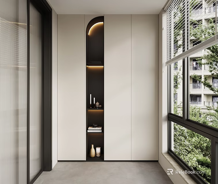 Modern Minimalist Balcony Cabinet Design With Arched Light Shelves And Window Greenery 3d model 