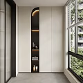 Modern Minimalist Balcony Cabinet Design With Arched Light Shelves And Window Greenery