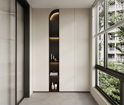 Modern Minimalist Balcony Cabinet Design With Arched Light Shelves And Window Greenery 3d model