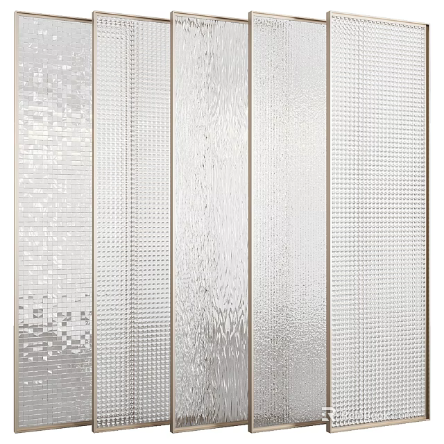 Contemporary Room Divider With Various Textured Glass Panels And Metal Frames 3d model 