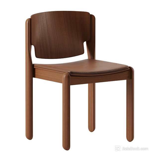 Modern Wooden Chair With Curved Backrest And Leather Seat Cushion 3d model 