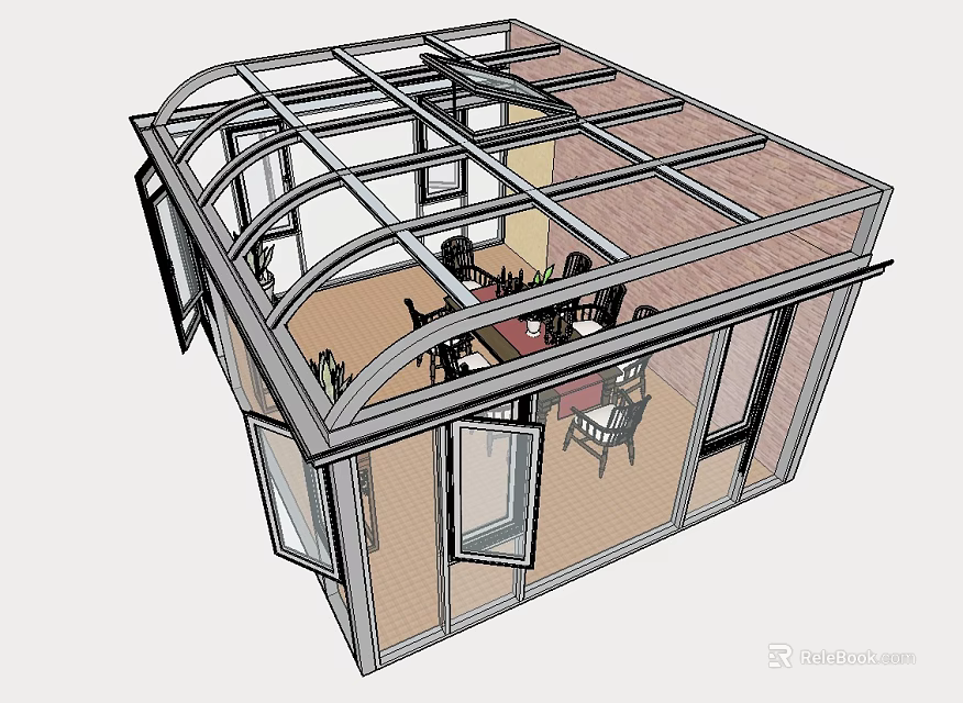 Modern Sunroom Design With Glass Roof Wooden Floor And Tables Chairs 3d model 