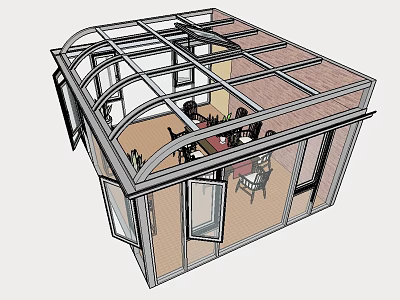 Modern Sunroom Design With Glass Roof Wooden Floor And Tables Chairs 3d model