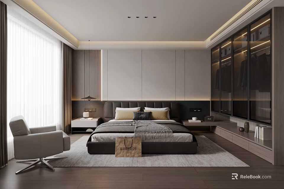 Modern Bedroom Interior Design With Upholstered Bed Sliding Wardrobe And Accent Chair 3d model 