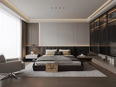 Modern Bedroom Interior Design With Upholstered Bed Sliding Wardrobe And Accent Chair 3d model