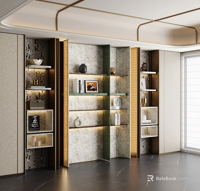 Elegant Modern Bookcase With Decorative Panels Glass Shelves And Ambient Lighting 3d model 
