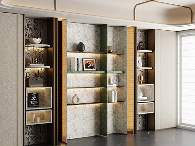 Elegant Modern Bookcase With Decorative Panels Glass Shelves And Ambient Lighting 3d model