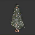 Decorated Christmas Tree with Small Ornaments White Blue Balls on Wooden Crate Base Dark Background