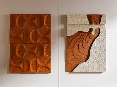 Artistic Modern Wall Decor Featuring Orange Geometric Patterns And Beige Brown Abstract Curves 3d model