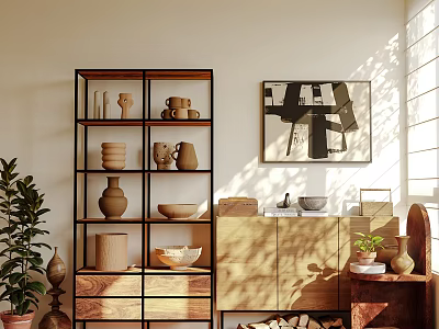 Stylish Multi Tiered Shelf With Ceramic Bowls Mugs And Vases Near Potted Plant And Wall Art 3d model