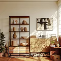 Stylish Multi Tiered Shelf With Ceramic Bowls Mugs And Vases Near Potted Plant And Wall Art