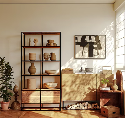 Stylish Multi Tiered Shelf With Ceramic Bowls Mugs And Vases Near Potted Plant And Wall Art 3d model