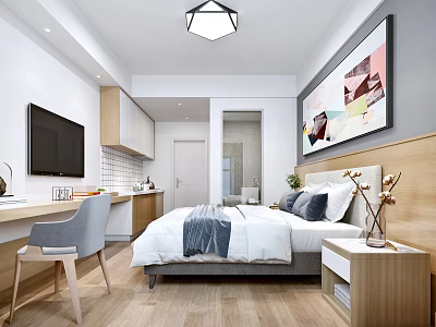 Modern Hotel Room Interior With Comfortable Bed TV Desk Chair Nightstand And Decorative Painting 3d model
