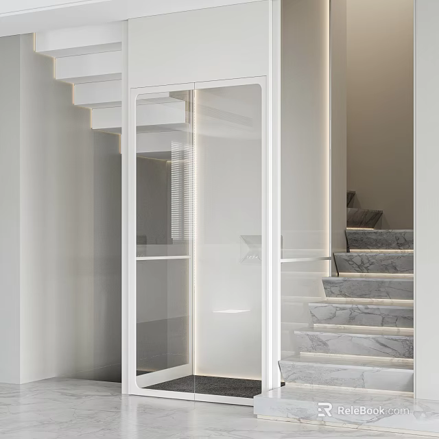 Modern White Elevator With Glass Door Next To Marble Staircase Interior 3d model 