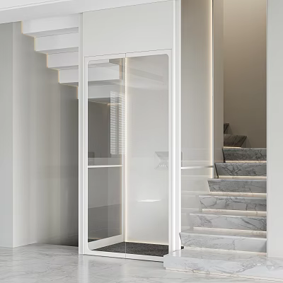 Modern White Elevator With Glass Door Next To Marble Staircase Interior 3d model
