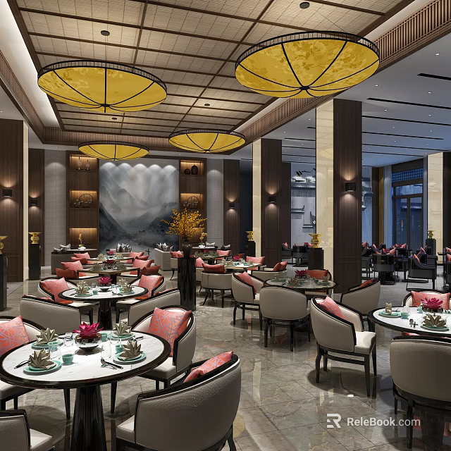 Chinese Style Restaurant Interior With Yellow Pendant Lights Mountain Painting Backdrop And Pink Cushioned Chairs 3d model 