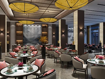 Chinese Style Restaurant Interior With Yellow Pendant Lights Mountain Painting Backdrop And Pink Cushioned Chairs 3d model