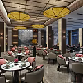 Chinese Style Restaurant Interior With Yellow Pendant Lights Mountain Painting Backdrop And Pink Cushioned Chairs