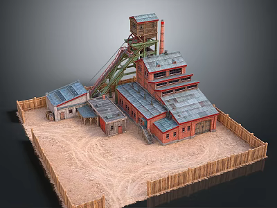 Cartoon Mining Scene With Red Building Green Crane Gray Roof And Wooden Fence 3d model
