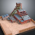 Cartoon Mining Scene With Red Building Green Crane Gray Roof And Wooden Fence