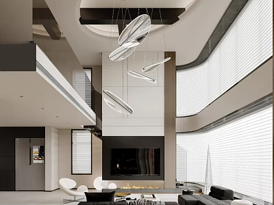 Modern Duplex Living Room Interior Design With Pendant Lights Fireplace Sofa And Large Windows 3d model