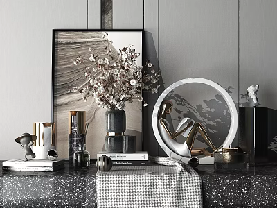 Elegant Decorative Ornament Set with Painting Vase Circular Mirror and Sculpture on Marble Tabletop 3d model