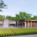 Scenic Visitor Center With Modern Wooden Structure Glass Facade Green Trees And Rice Fields