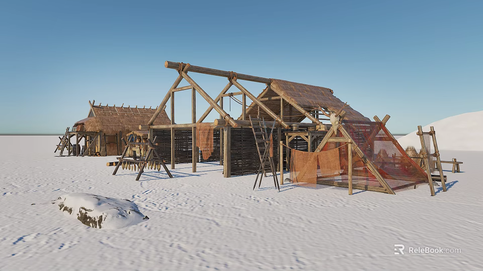 Rustic Thatch Roof Houses In Snowy Landscape With Wooden Frames And Structures 3d model 